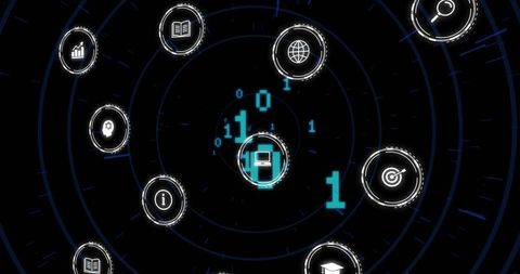 Rotating monitor node emitting binary on neon radial dashboard with holographic tech icons