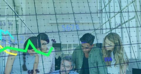 Team Analyzing Laptop Data with Graphs and Charts Overlay in Modern Office