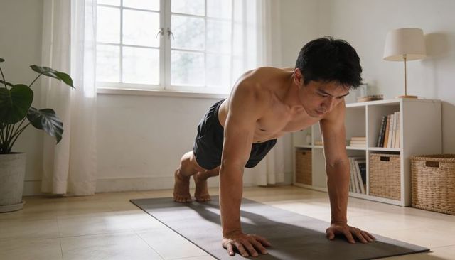 Shirtless man holding plank push-up on mat in bright home workout room for core training