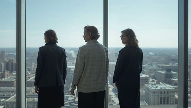 Three business leaders gazing over city skyline from high-rise office tower