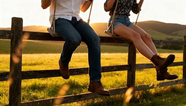 Couple sitting on fence swings at golden hour in countryside meadow, rustic romance