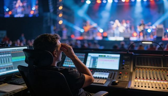 Live concert sound engineer mixing audio at digital console during stage performance