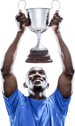 Triumphant athlete holding silver trophy on transparent background