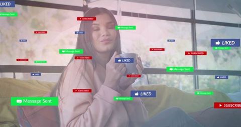 Woman Relaxing on Sofa with Floating Social Media Interaction Icons