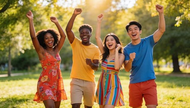 Friends walking and celebrating outdoors on sunny day wearing colorful summer clothing