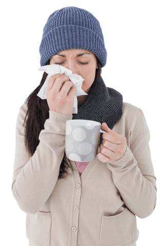 transparent sick woman blowing nose holding warm drink - Download Free Stock Videos Pikwizard.com