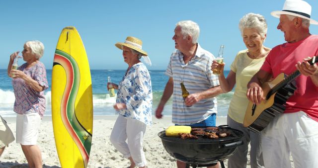 Senior Friends Enjoying Beach Barbecue with Surfboard - Download Free Stock Images Pikwizard.com