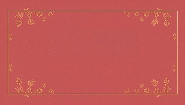 Gold foil frame on red textured cardstock with holly corner motifs and tiny gold flecks
