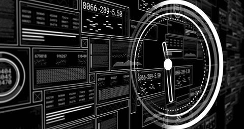 Monochrome Analytics Dashboard Showing Circular Gauge, Grid Panels and Line Graphs