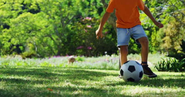 Image of a boy wearing an orange shirt and denim shorts playing soccer on sunny day. He is kicking the ball on grassy field surrounded by trees and flowers, perfect for advertising sports equipment, youth activities, outdoor play, or promoting a healthy lifestyle.