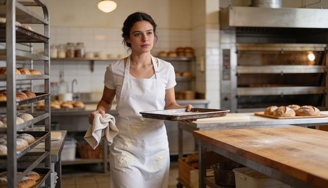 Female baker preparing bread wearing flour-stained apron inside industrial bakery kitchen