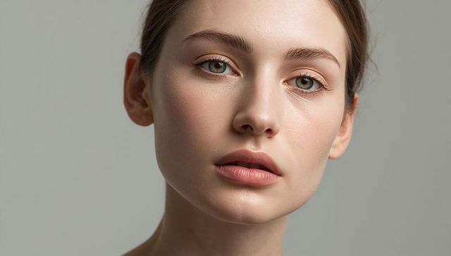 Natural beauty closeup showing young woman with groomed brows and subtle studio makeup