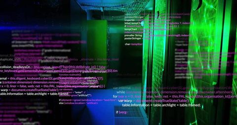 Futuristic data center with glowing server cabinets and networking code