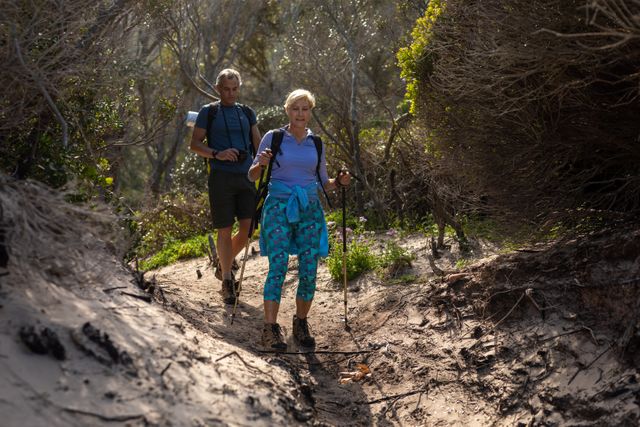 Caucasian hiker senior couple with backpack and hiking poles trekking in the woods. trekking hiking and adventure concept.