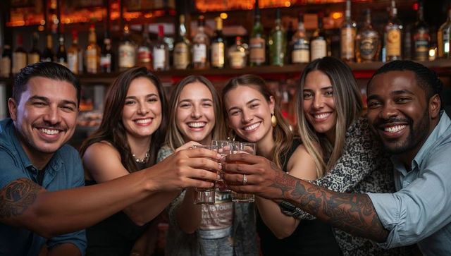 Diverse Friends Clinking Glasses with Joy at Bar Celebration