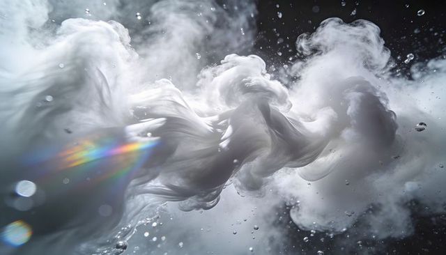 Abstract milky ink cloud underwater with rainbow prism flare and floating bubbles