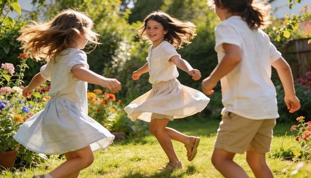 Three children spinning and laughing in sunny backyard garden during carefree summer play
