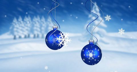 Blue Christmas Baubles in Snowy Winter Wonderland