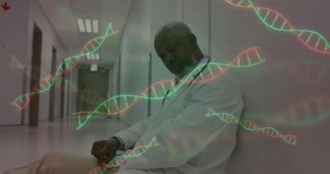 Doctor Leaning in Hospital Corridor Wearing White Coat and Stethoscope with DNA Overlay