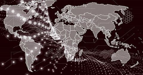 Global digital networking with data visualization on burgandy background