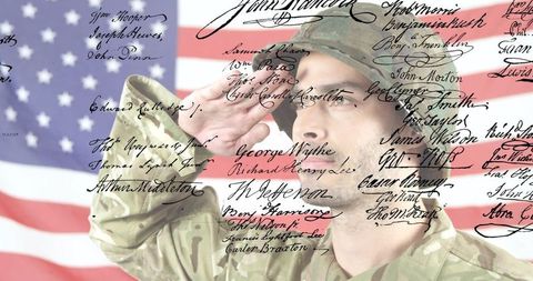Soldier Saluting with US Flag and Historical Signatures Overlay