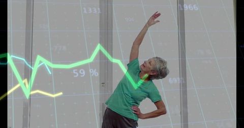 Senior Woman Exercising at Home with Health Analytics Overlay
