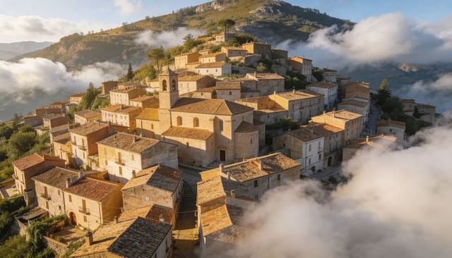 Sunlit Hilltop Village with Terracotta Roofs and Historic Bell Tower in Morning Mist