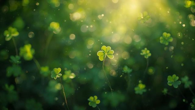 Glowing four-leaf clover bathing in sunlit bokeh, tranquil green meadow macro