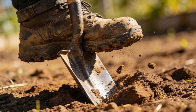 Muddy work boot pressing shovel into soil for gardening planting preparation