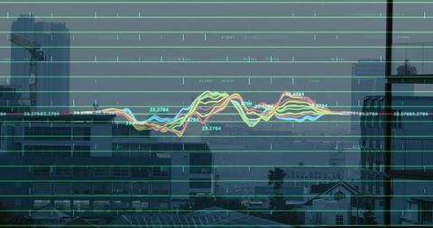 Translucent Multicolor Data Wave Overlaying Urban Skyline Through Office Window Analytics