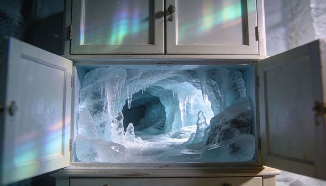 Cabinet revealing frozen ice cave with prism light, hanging icicles and frosty tunnel