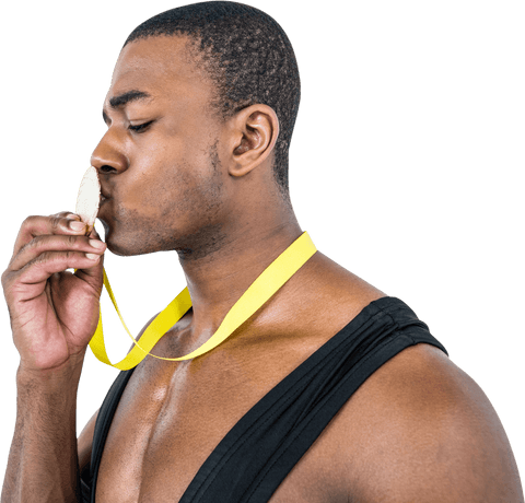 Transparent athlete kissing gold medal with yellow ribbon
