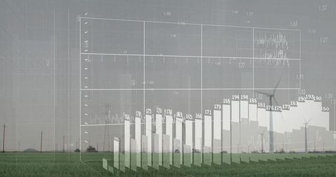 3D Analytics Overlaying Wind Farm and Farmland Showing Renewable Energy Trends