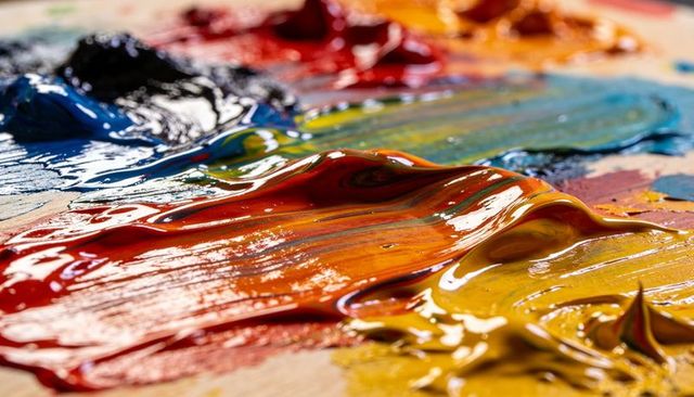 Glossy oil and acrylic paint smears on wooden palette showcasing vivid pigment texture