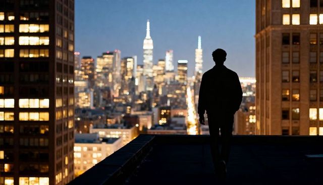 Silhouetted man standing on rooftop overlooking city skyline at dusk with bokeh lights
