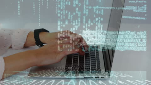 Businesswoman Analyzing Data on Laptop with Digital Overlay