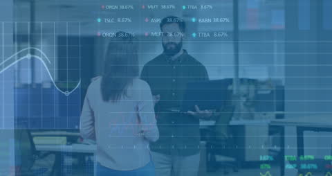 Office Discussion with Stock Market Data Animation Overlay