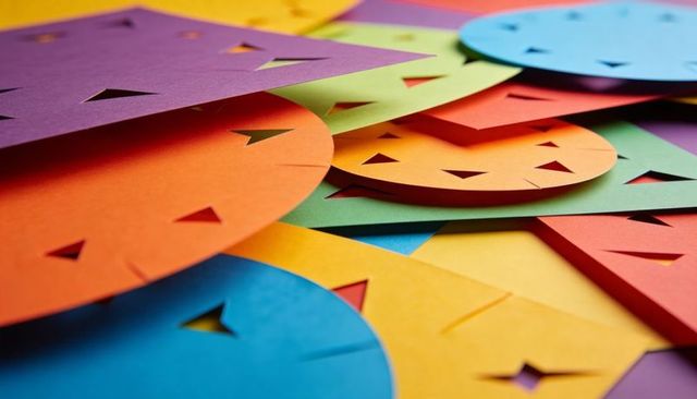 Macro vibrant layered paper cutouts with geometric punched triangles and star shapes