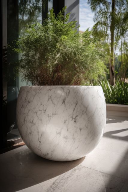 Perfect for showcasing luxury outdoor design and modern landscaping ideas. This image is ideal for home and garden magazines, interior design portfolios, or websites focusing on upscale outdoor decor. The vibrant greenery paired with the elegant marble planter appeals to luxury home developers and landscape architects seeking inspiration for their projects.