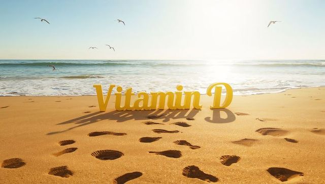 Golden vitamin d letters on sunny beach with footprints, seabirds and ocean waves