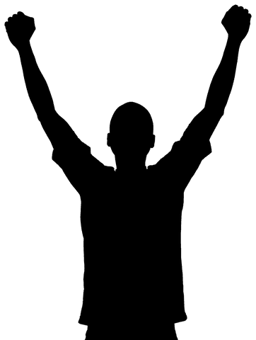 Silhouette of man raising hands on transparent background