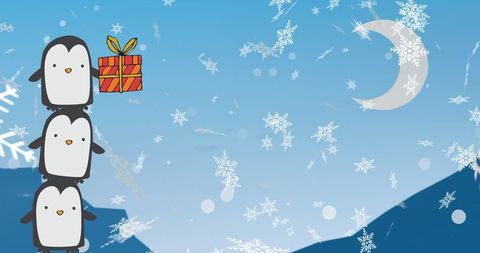 Penguins balancing christmas gift in snowy winter night with crescent moon