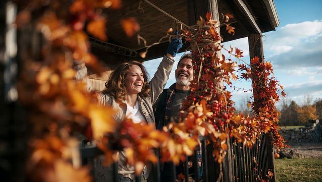 Couple decorating rustic front porch with autumn leaf and berry garland