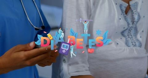 Nurse using glucometer with diabetes text overlay