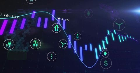 Neon market dashboard showing candlestick analytics with energy and renewable sector icons