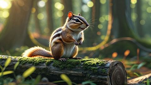 Chipmunk Posing on Mossy Log in Tranquil Pine Forest