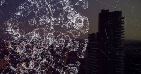 Futuristic Digital Network Illuminating City Skyline at Dusk