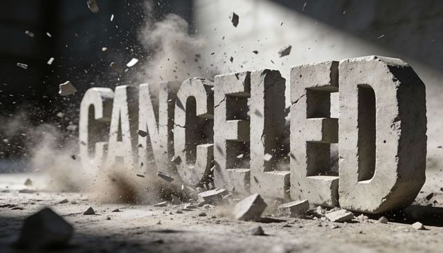 Canceled concrete word crumbling into rubble dramatic industrial collapse