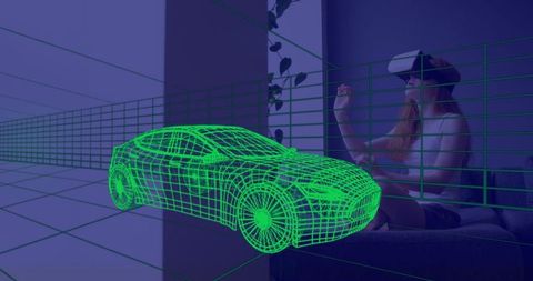 Woman exploring car design with virtual reality at home
