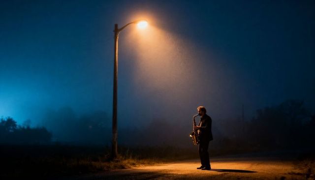 Midnight saxophonist playing tenor under streetlight on foggy road, cinematic noir atmosphere